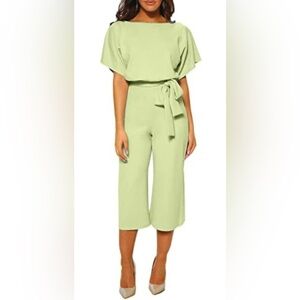CHARTOU Short Sleeve Bow Tie Wide Leg Palazzo Jumpsuit